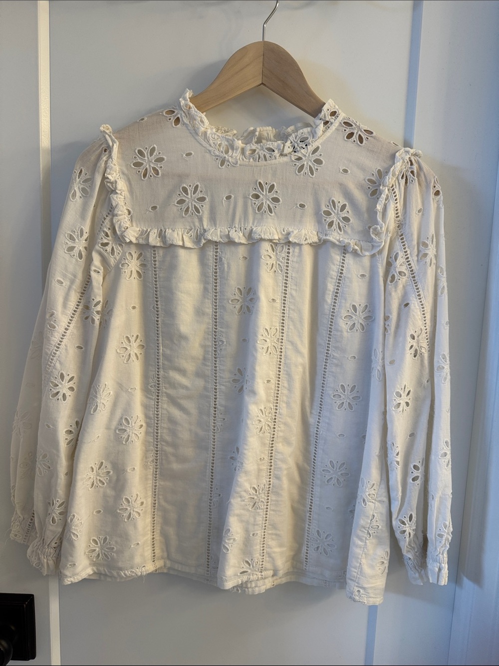 J. Crew Cream Eyelet Ruffle Yoke Long-Sleeve Top